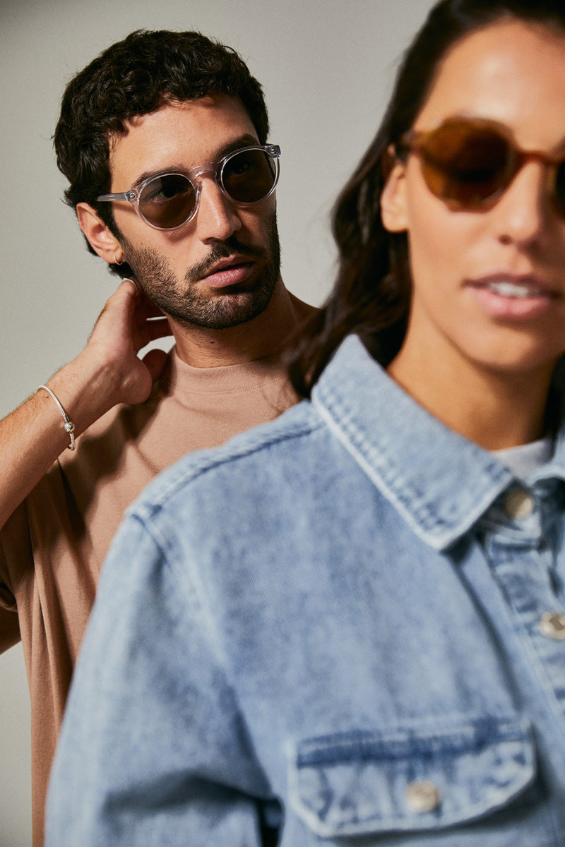 Male model wearing translucent prescription sunglasses